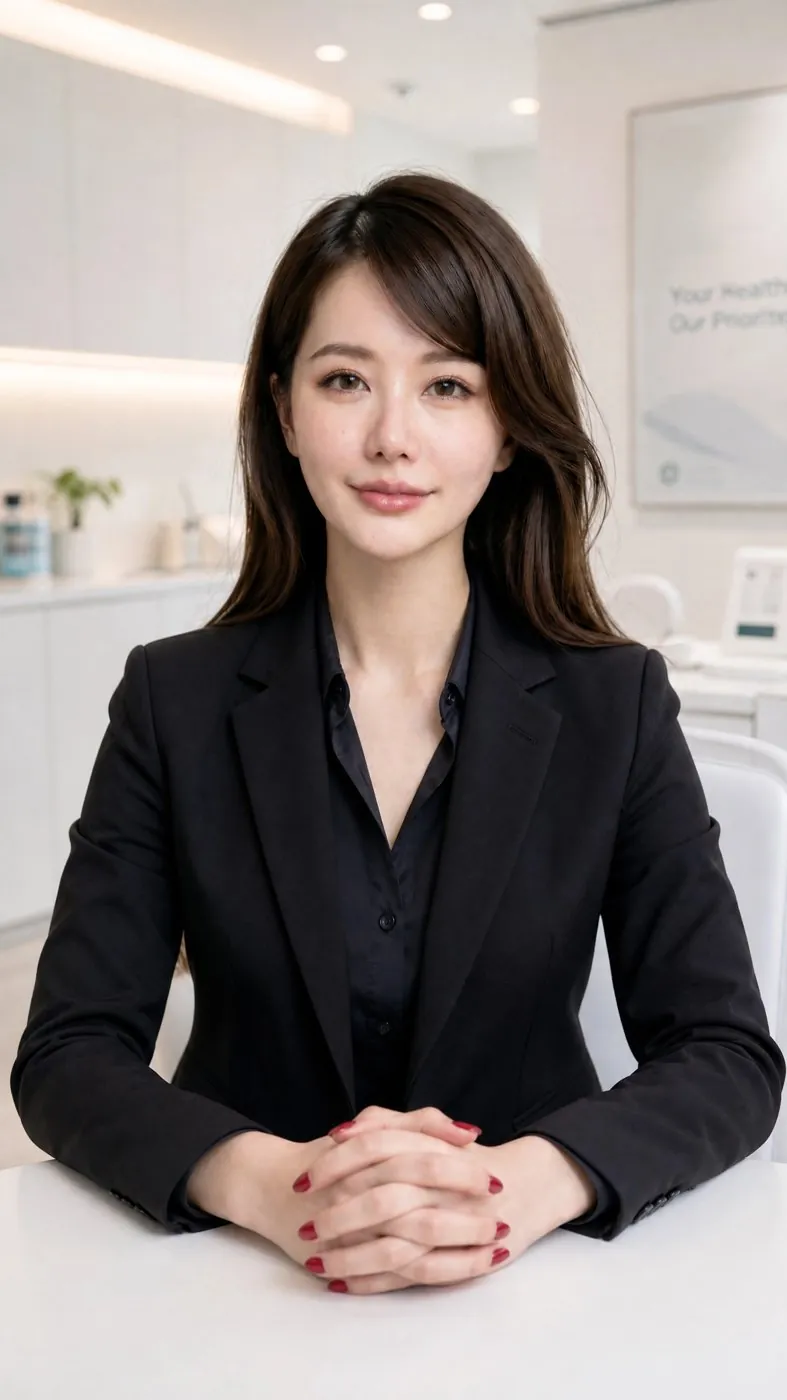 蘇菲穿深色西裝坐在諮詢室裡